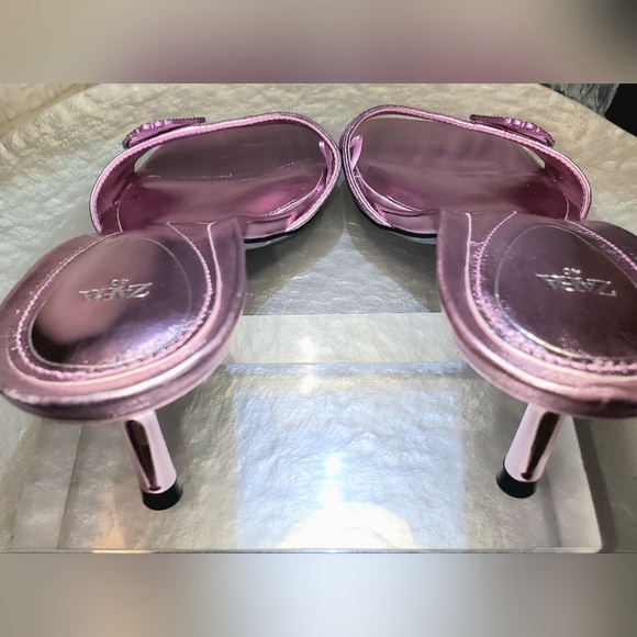 ZARA💖 PINK METALLIC AND RHINESTONE KITTEN HEEL SLIDES size Euro 40, (US 9 -9.5) - Picture 7 of 14